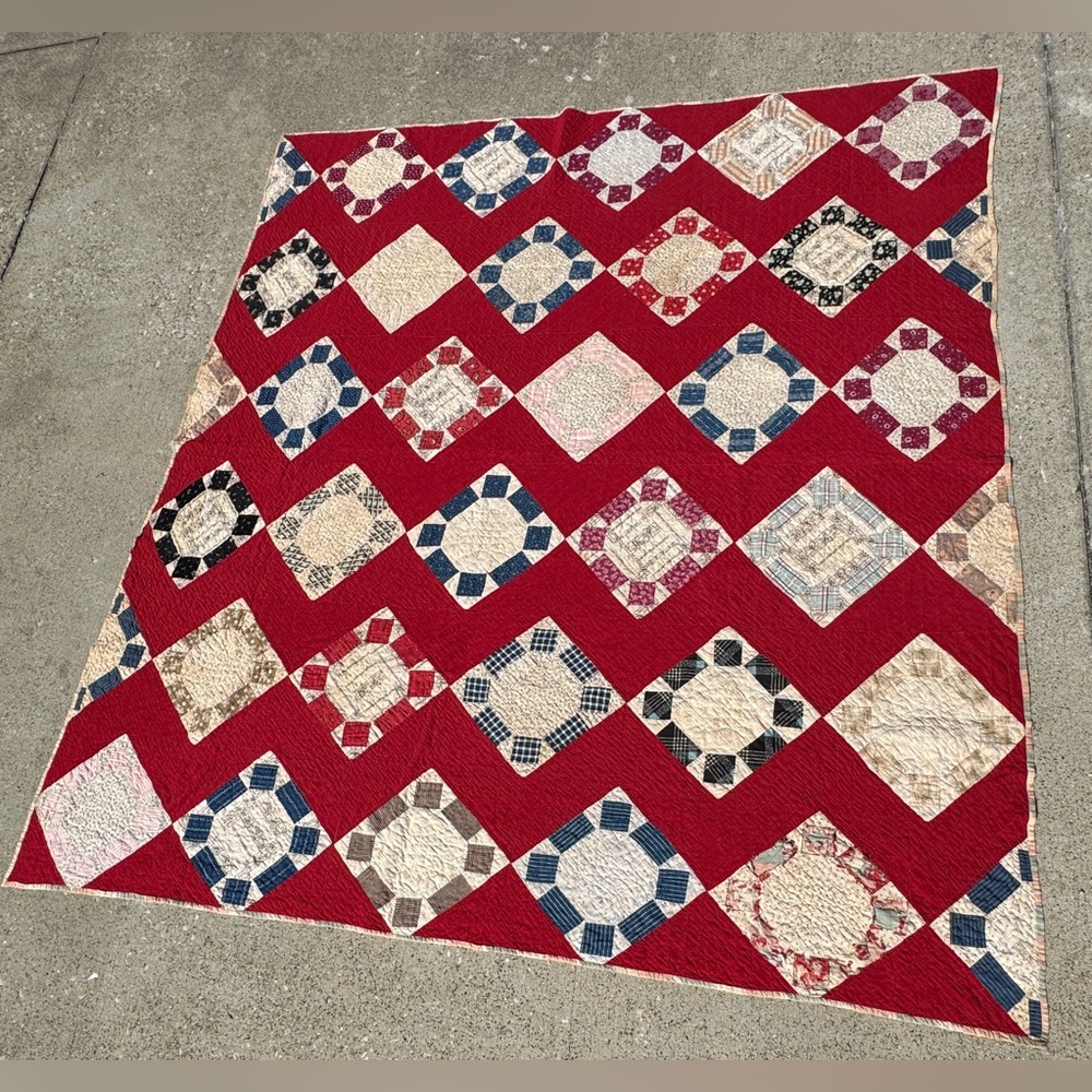 Antique 1880-1910, Reversible Quilt, Churn Dash & Tumbling Blocks. 74x78”. TVR